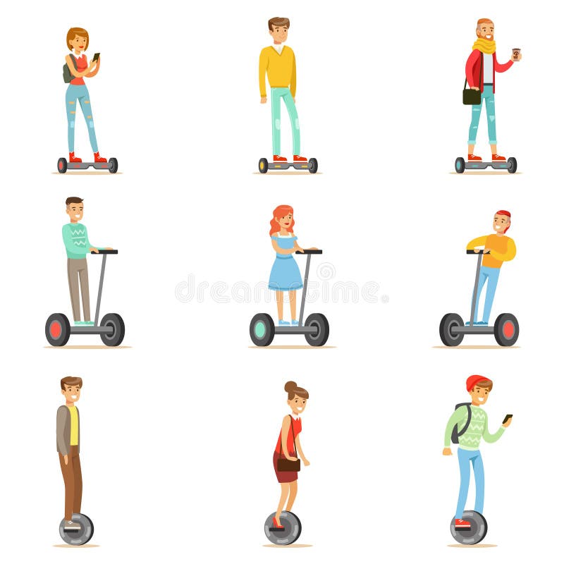 La gente che guida i motorini elettrici personali elettrici Whith di Batery Poweres di equilibrio una o due ruota, insieme di Car royalty illustrazione gratis La gente che guida i motorini elettrici personali elettrici Whith di Batery Poweres di equilibrio una o due ruota, insieme di Car royalty illustrazione gratis