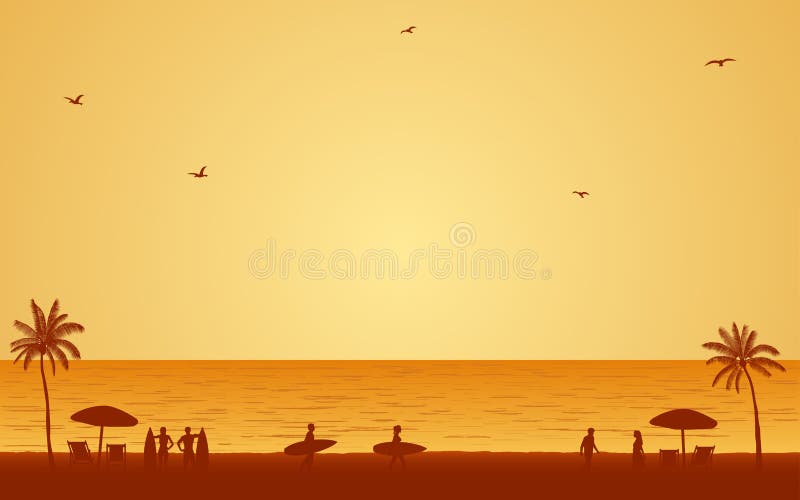 La gente de la silueta con la tabla hawaiana en la playa bajo fondo del cielo de la puesta del sol en icono plano diseña libre illustration La gente de la silueta con la tabla hawaiana en la playa bajo fondo del cielo de la puesta del sol en icono plano diseña libre illustration