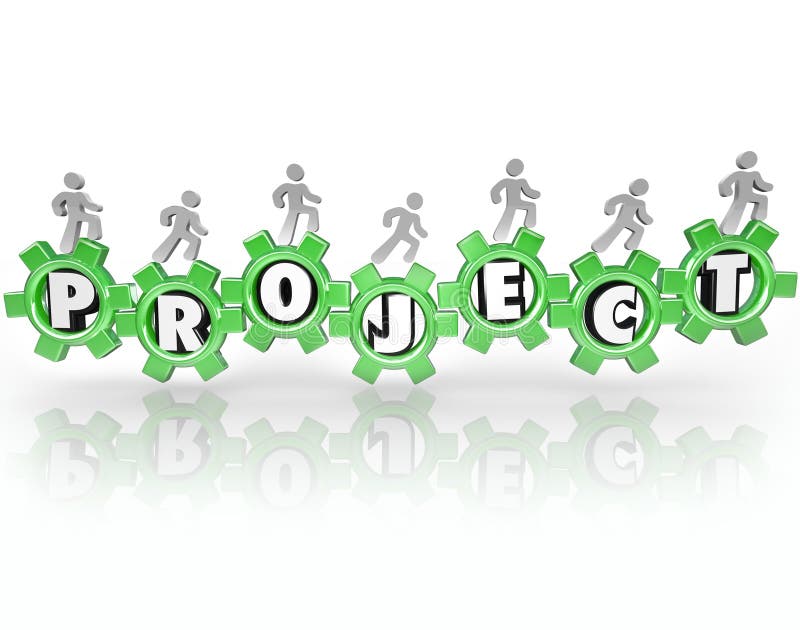 La gente degli ingranaggi di parola del progetto che lavora insieme compire il compito illustrazione di stock La gente degli ingranaggi di parola del progetto che lavora insieme compire il compito illustrazione di stock