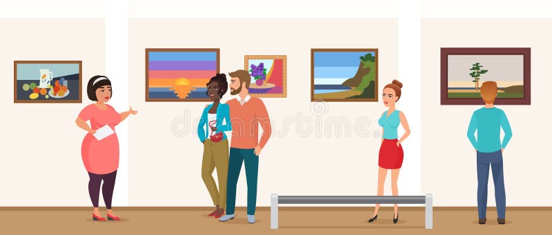 La gente degli ospiti del museo nel museo della galleria di mostra di arte che prende il giro con la guida e che guarda rappresen