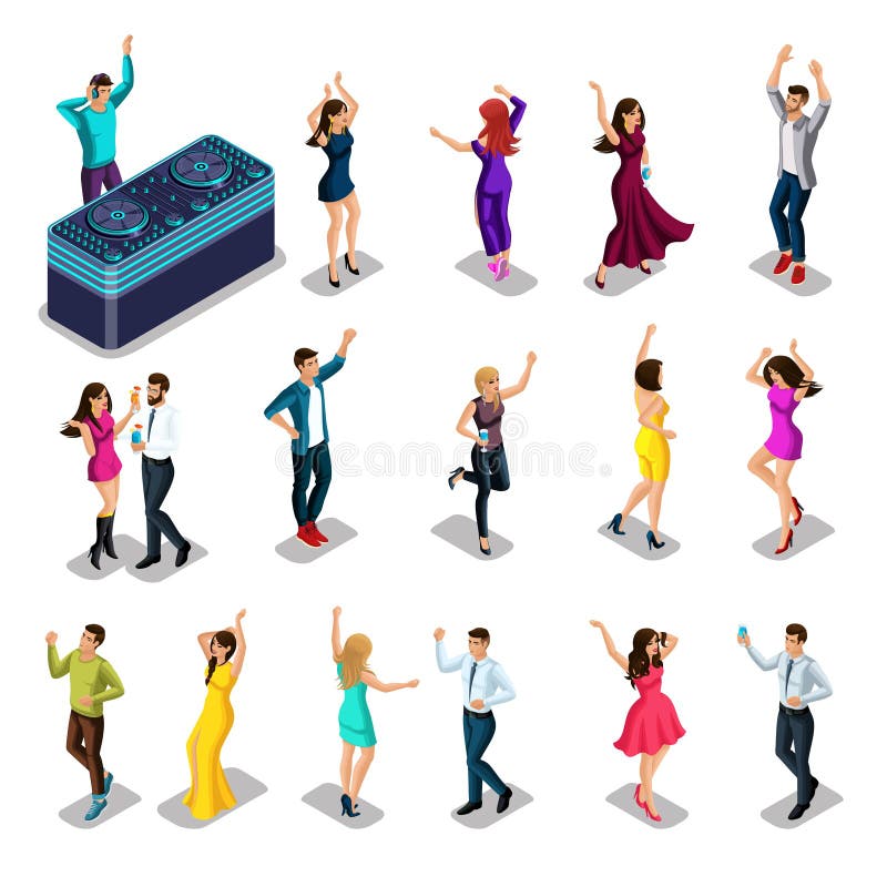 La gente di Isometrics balla, felicità è divertimento, un insieme degli uomini e donne per un partito, DJ con un telecomando Illu illustrazione vettoriale