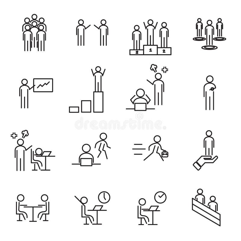 La gente en lugar de trabajo enrarece la l?nea vector determinado del icono Concepto de la oficina y de la gesti?n Tema de la mue ilustración del vector La gente en lugar de trabajo enrarece la l?nea vector determinado del icono Concepto de la oficina y de la gesti?n Tema de la mue ilustración del vector