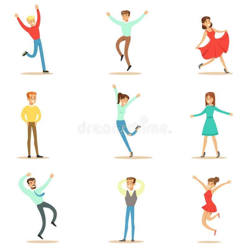 La gente enorme di felicità e dell'insieme allegro estatico dei personaggi dei cartoni animati sorridenti felici illustrazione di stock La gente enorme di felicità e dell'insieme allegro estatico dei personaggi dei cartoni animati sorridenti felici illustrazione di stock