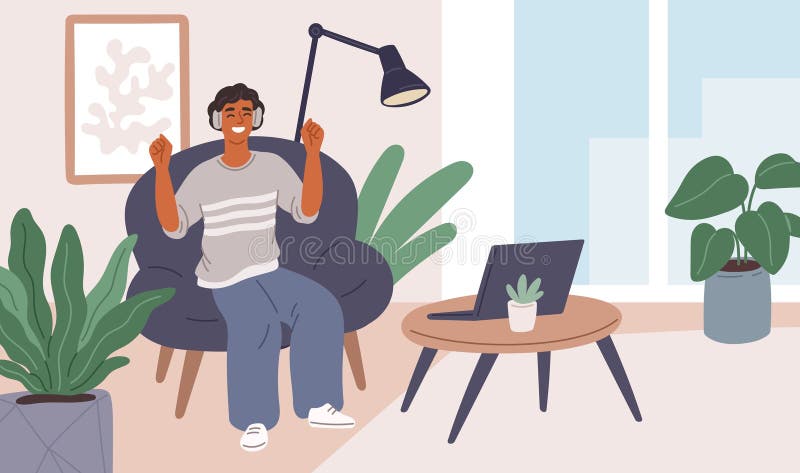 La gente escucha música en casa. Hombre feliz con auriculares sentado en sillón joven melomano alegre disfrutando de la melodía ilustración del vector