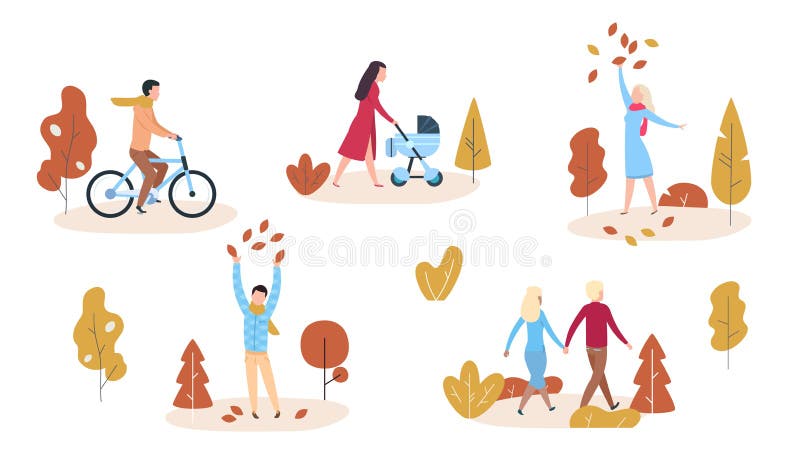 La gente nel parco di autunno o uomo moderno e donna casuali della foresta che giocano con le foglie di autunno Caratteri piani d illustrazione di stock La gente nel parco di autunno o uomo moderno e donna casuali della foresta che giocano con le foglie di autunno Caratteri piani d illustrazione di stock