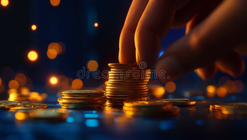 La gestión de la riqueza implica el apilamiento de monedas de oro en los mercados digitales imágenes de archivo libres de regalías