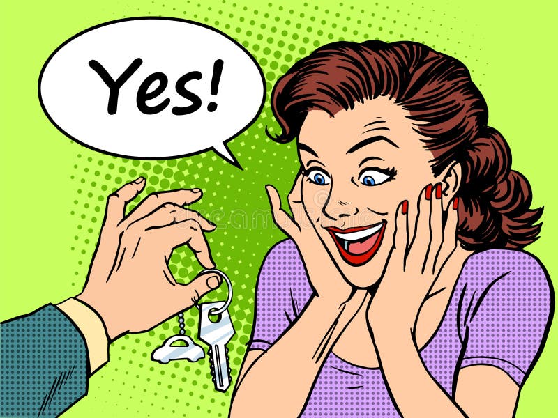 La gioia d'acquisto della reazione della donna dell'automobile chiude a chiave il regalo royalty illustrazione gratis La gioia d'acquisto della reazione della donna dell'automobile chiude a chiave il regalo royalty illustrazione gratis