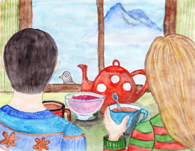La giovane coppia sta bevendo il tè e sta esaminando attraverso la finestra la montagna distante illustrazione di stock La giovane coppia sta bevendo il tè e sta esaminando attraverso la finestra la montagna distante illustrazione di stock