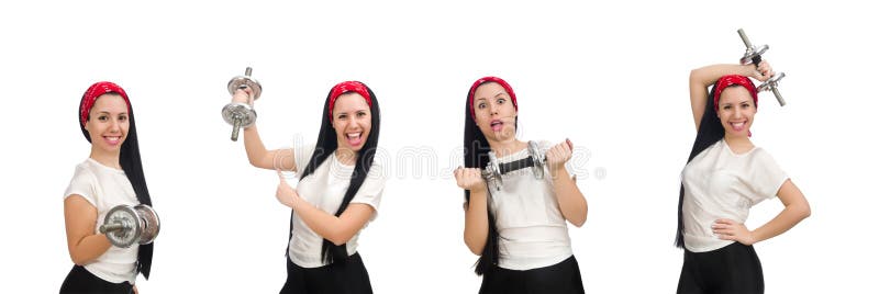 La giovane donna che si esercita con le teste di legno fotografia stock La giovane donna che si esercita con le teste di legno fotografia stock
