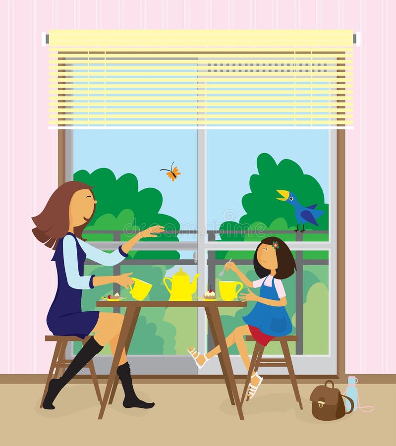 La giovane donna e la sua figlia hanno una prima colazione. royalty illustrazione gratis La giovane donna e la sua figlia hanno una prima colazione. royalty illustrazione gratis