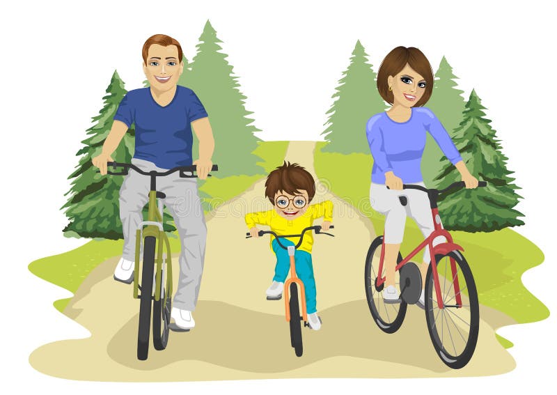 La giovane guida caucasica del bambino della famiglia, del padre, della madre e del ragazzo va in bicicletta di estate in campagn illustrazione di stock La giovane guida caucasica del bambino della famiglia, del padre, della madre e del ragazzo va in bicicletta di estate in campagn illustrazione di stock
