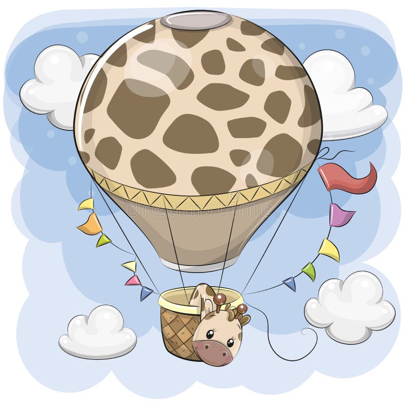 La girafe mignonne vole sur un ballon à air chaud
