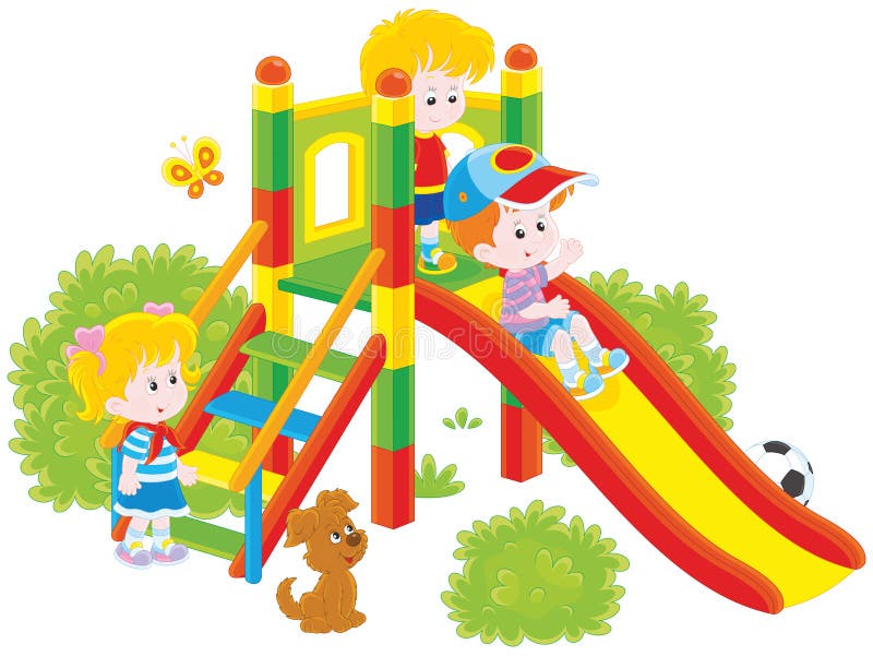 Vector illustration of little children playing on a slide at a playground, on a white background. Vector illustration of little children playing on a slide at a playground, on a white background