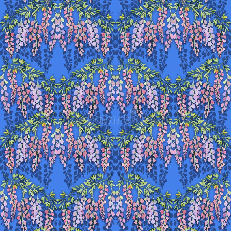 La glycine fleurit le modèle sans couture sur le fond bleu, illustration d'aquarelle illustration stock La glycine fleurit le modèle sans couture sur le fond bleu, illustration d'aquarelle illustration stock