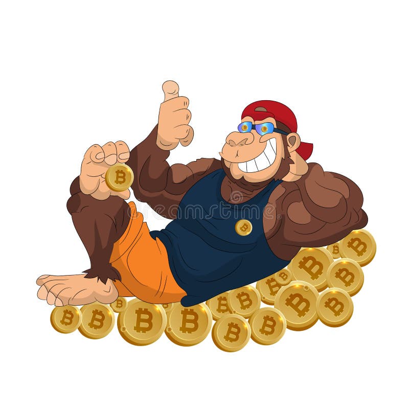 La gorilla della scimmia si trova sul bitcoin delle monete, mostra i pollici su, fumetto o royalty illustrazione gratis La gorilla della scimmia si trova sul bitcoin delle monete, mostra i pollici su, fumetto o royalty illustrazione gratis