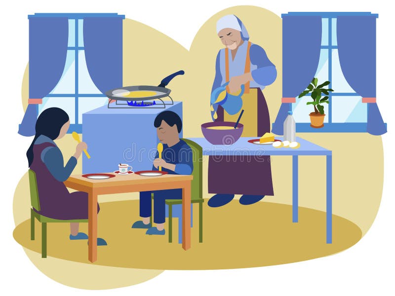 La grand-maman prépare le petit déjeuner pour ses petits-enfants Cuisine interier Dans le vecteur plat de bande dessin?e minimali illustration stock La grand-maman prépare le petit déjeuner pour ses petits-enfants Cuisine interier Dans le vecteur plat de bande dessin?e minimali illustration stock
