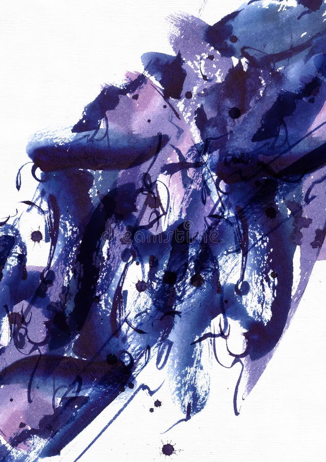 La grande illustrazione granulare con la spazzola blu viva dell'acquerello macchia, punti e sbavature su carta strutturata bianca
