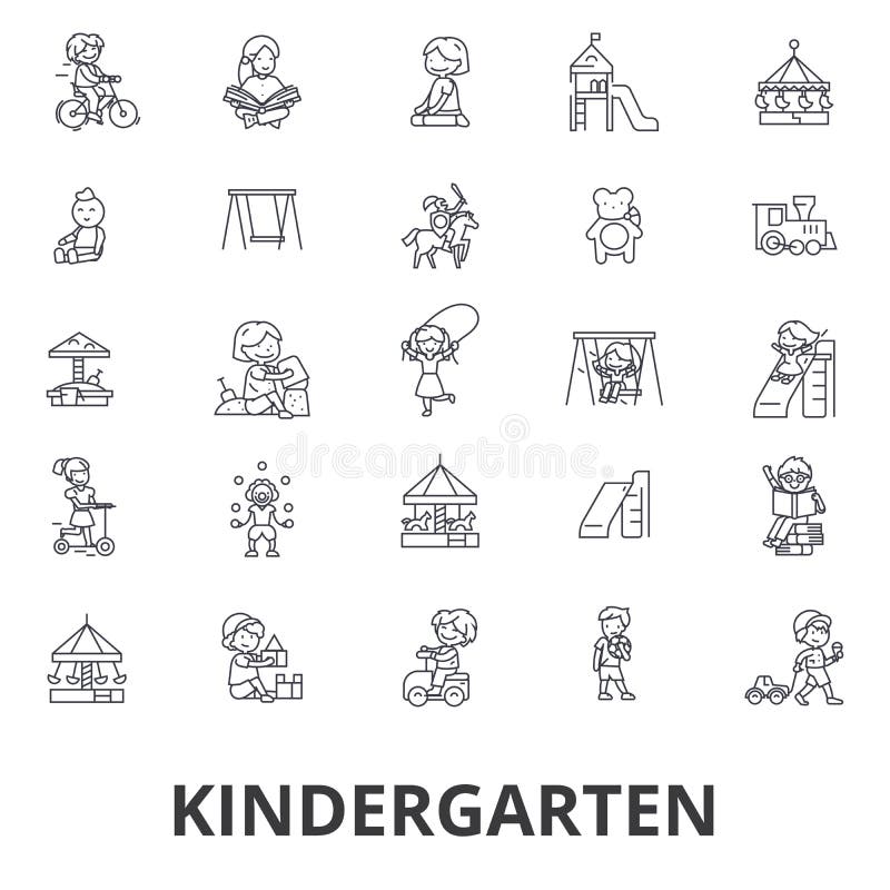 La guardería, preescolar, profesor, cuarto de niños, patio, guardería, embroma jugar la línea iconos Movimientos Editable Diseño ilustración del vector La guardería, preescolar, profesor, cuarto de niños, patio, guardería, embroma jugar la línea iconos Movimientos Editable Diseño ilustración del vector