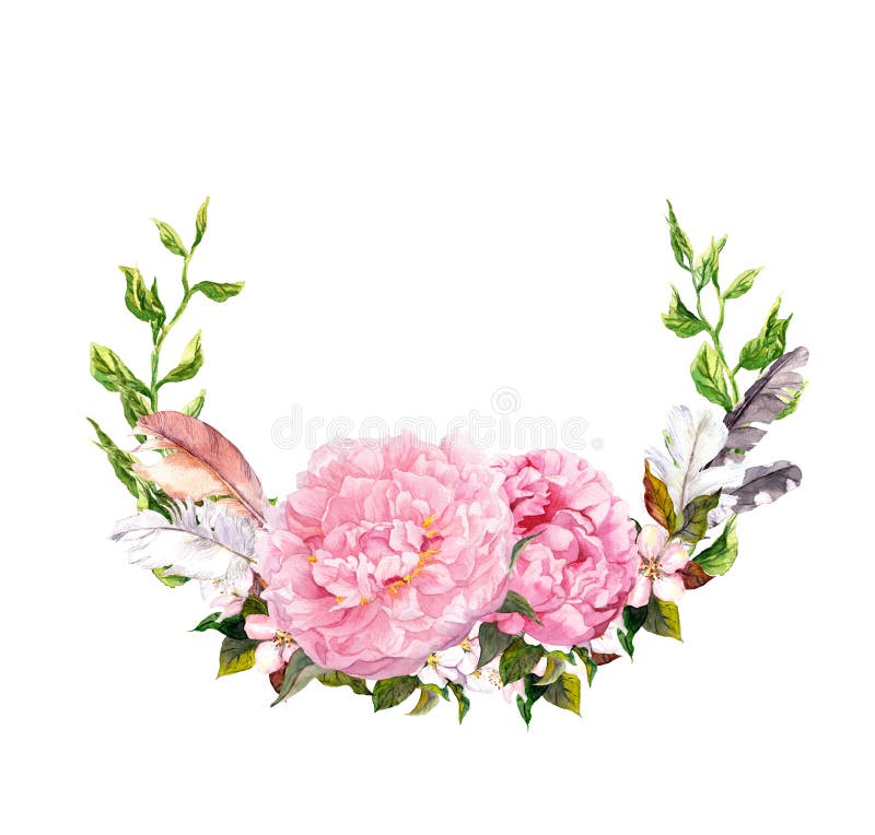 La guirnalda floral con la peonía rosada florece, empluma Tarjeta romántica en estilo retro del boho watercolor imagen de archivo libre de regalías La guirnalda floral con la peonía rosada florece, empluma Tarjeta romántica en estilo retro del boho watercolor imagen de archivo libre de regalías