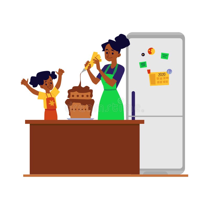 La hija ayuda a la madre en la cocina con la cocina ilustración vectorial plana aislada stock de ilustración La hija ayuda a la madre en la cocina con la cocina ilustración vectorial plana aislada stock de ilustración