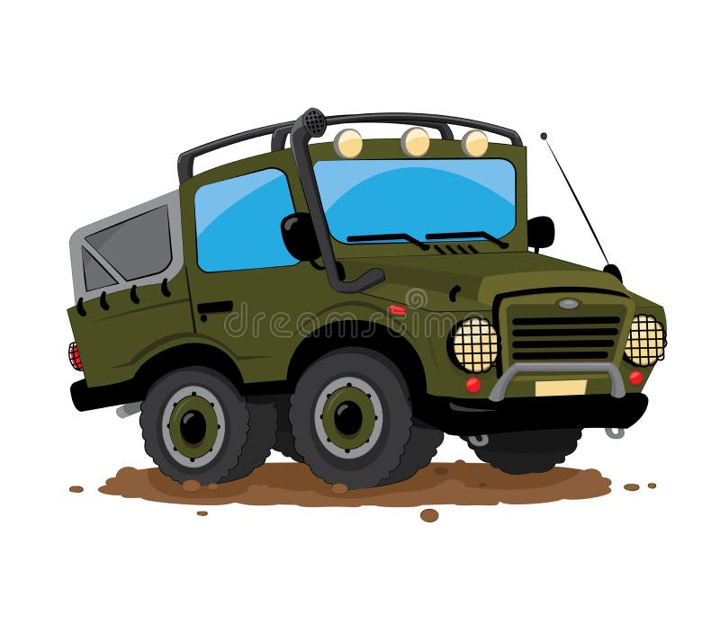 A vector cartoon representing a funny green military offroad custom car parked in the mud. A vector cartoon representing a funny green military offroad custom car parked in the mud