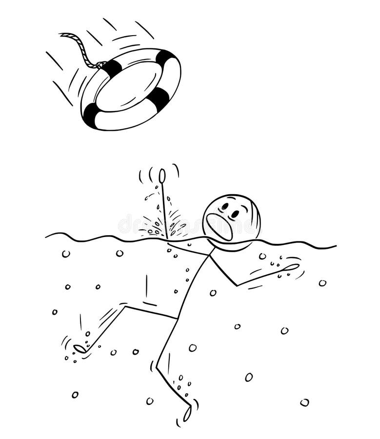 La historieta del hombre que se ahoga en el agua, alguien lo lanza un salvavidas o un flotador libre illustration