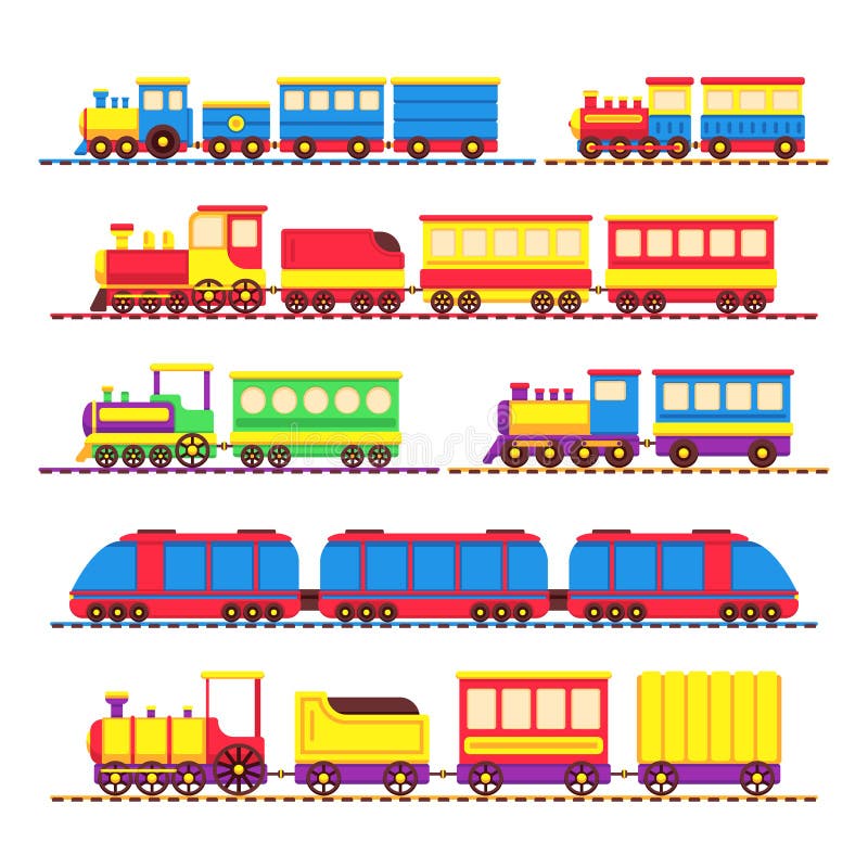 La historieta embroma los trenes del juguete, la locomotora y el sistema del vector de los carros libre illustration La historieta embroma los trenes del juguete, la locomotora y el sistema del vector de los carros libre illustration