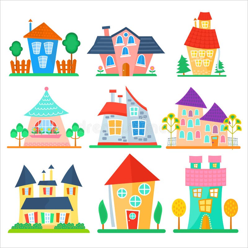La historieta linda contiene la colección Sistema colorido divertido de la casa del vector del niño