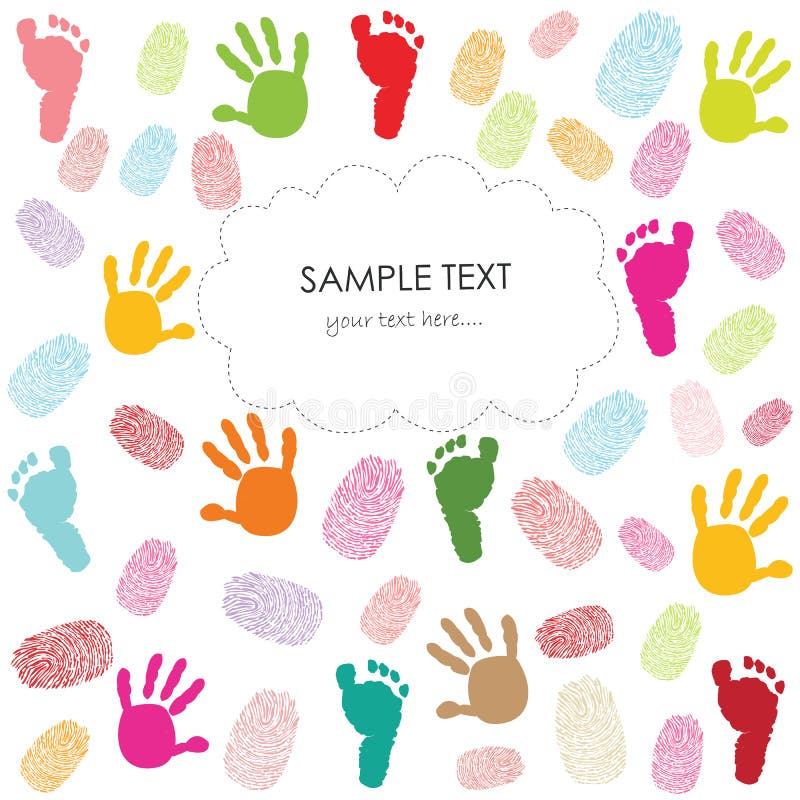 La huella del bebé, las impresiones de la mano y la tarjeta de felicitación de los niños de las huellas dactilares vector el ejem libre illustration La huella del bebé, las impresiones de la mano y la tarjeta de felicitación de los niños de las huellas dactilares vector el ejem libre illustration