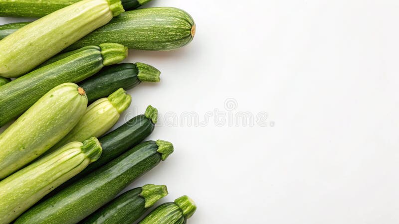 La IA generó un montón de zucchinis frescos esparcidos en un fondo blanco cerca de verduras verdes saludables stock de ilustración