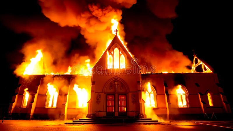 La iglesia se envuelve en llamas por la noche, un tiro espectacular stock de ilustración