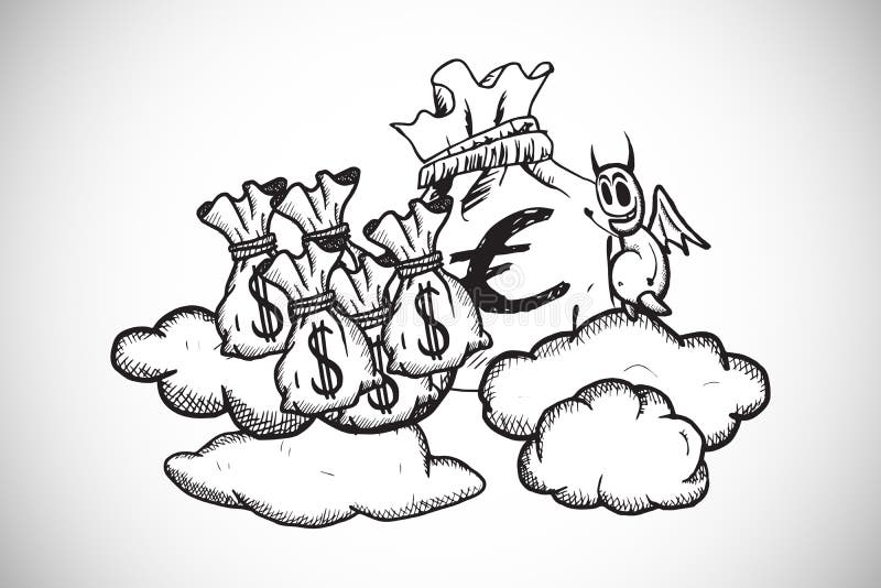 La imagen compuesta del diablo con los bolsos del dinero garabatea ilustración del vector La imagen compuesta del diablo con los bolsos del dinero garabatea ilustración del vector