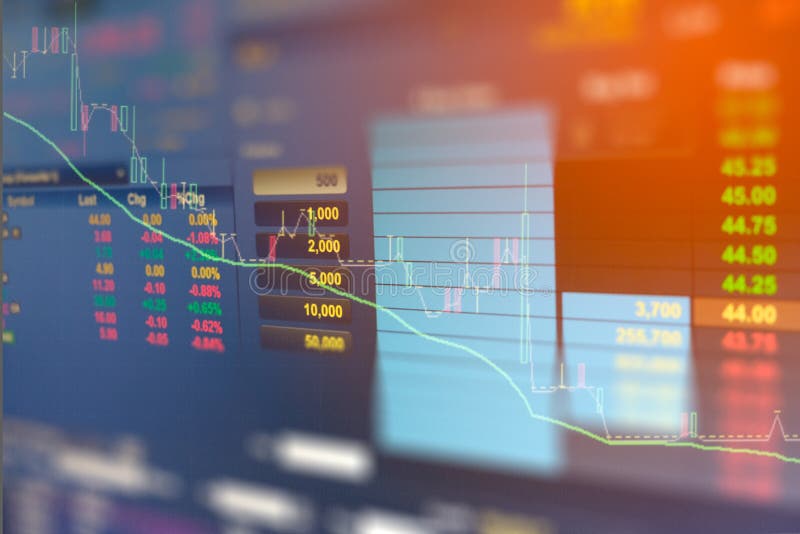 La imagen del gráfico de negocio y del monitor del comercio de la inversión en el comercio del oro, mercado de acción, mercado a fotografía de archivo libre de regalías
