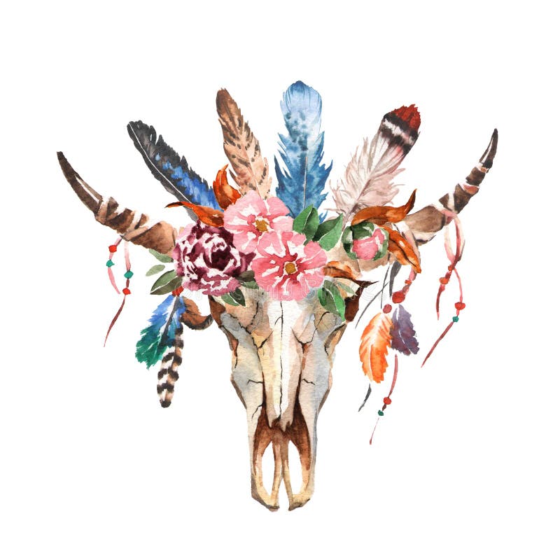 La imagen elegante del boho de la acuarela florece, las plumas, elementos animales stock de ilustración La imagen elegante del boho de la acuarela florece, las plumas, elementos animales stock de ilustración