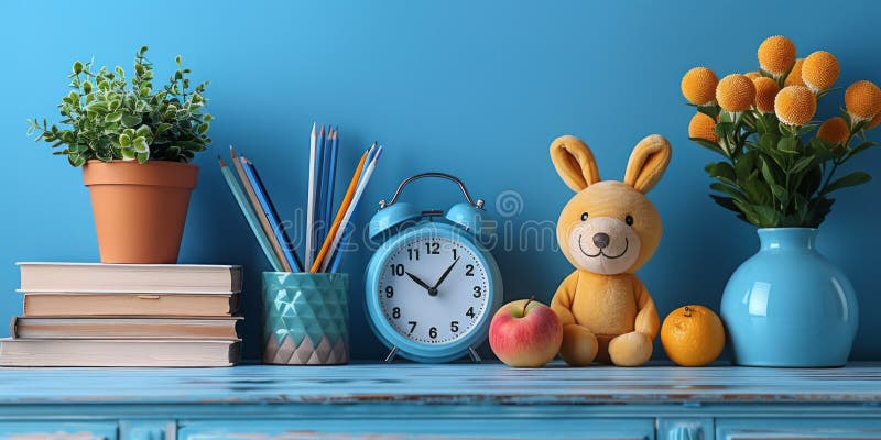 La imagen muestra un fondo azul con una mesa de madera en primer plano. en la mesa hay varios objetos, entre ellos dos libros y. Una mesa de madera limpia y organizada en primer plano con un fondo azul, con libros y despertador, flores de maceta, un animal relleno y fruta