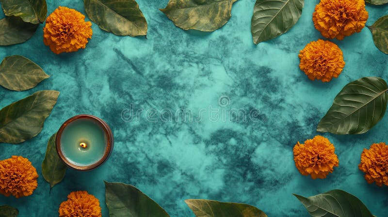 La imagen muestra una vela en un fondo oscuro acompañada de naranjas y hojas foto de archivo libre de regalías