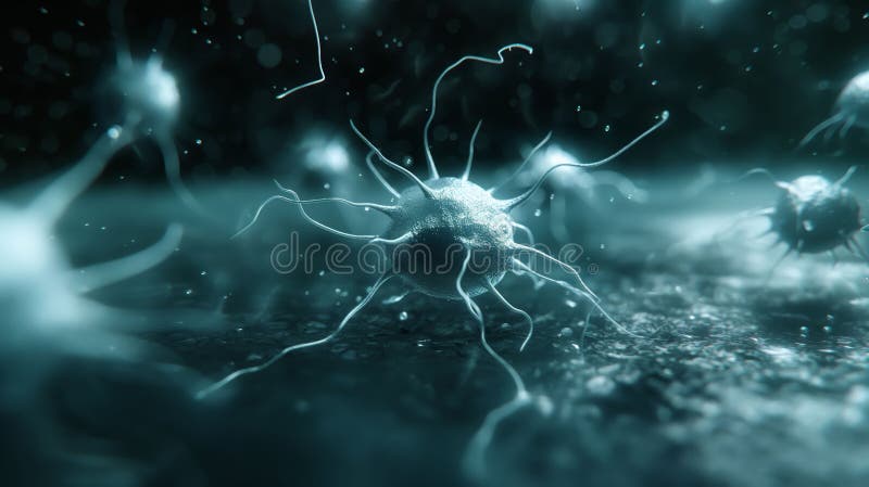 La imagen muestra una vista de cierre de los microorganismos que probablemente representan células o stock de ilustración