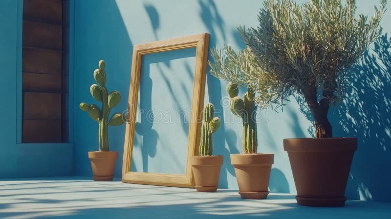 La imagen representa un acondicionamiento minimalista de macetas en un fondo de color azul serpenteante fotografía de archivo