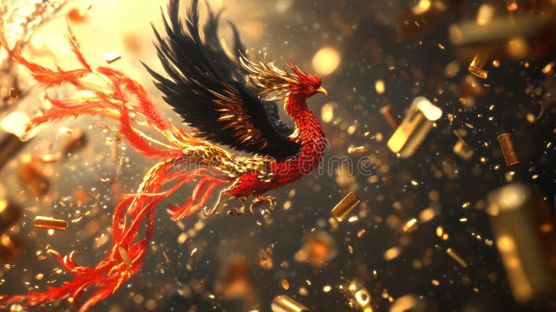 La imagen representa un fénix en medio del sol rodeado de llamas en un fondo de polvo de oro un concepto típico de fantasía imagenes de archivo