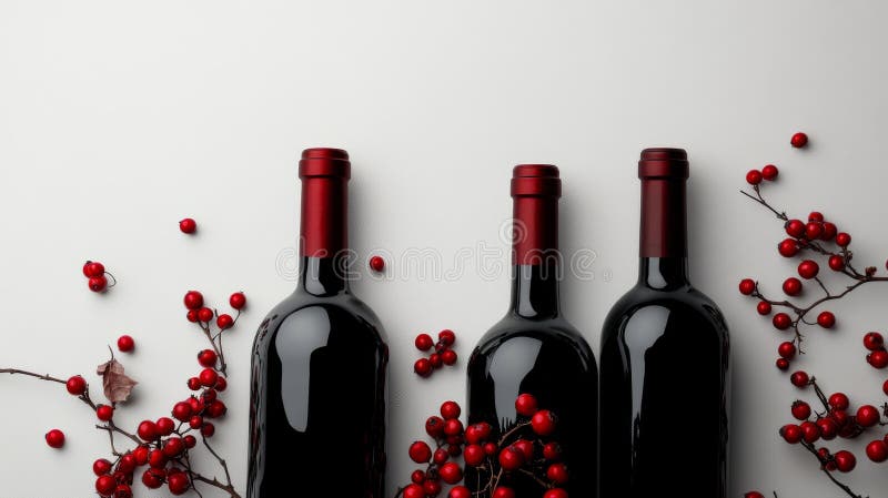 La imagen representa un regalo de vacaciones con tres botellas de vino tinto y bayas de invierno colocadas en un fondo blanco y li imágenes de archivo libres de regalías