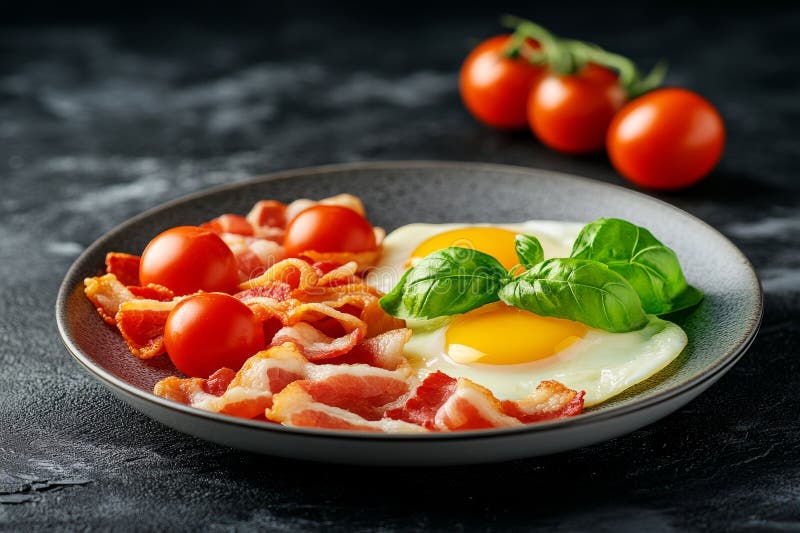 La imagen representa una deliciosa comida matutina en la que los huevos y el bacon flotan congelados en un instante despreocupado fotografía de archivo libre de regalías
