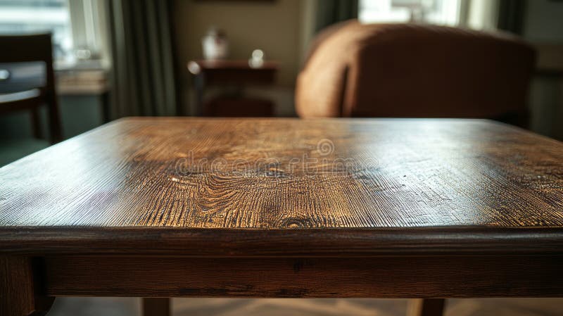 La imagen representa una mesa de madera marrón rústica en medio de un ambiente de cafetería borrosa. fotografía de archivo