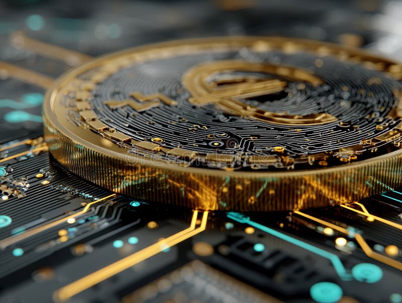 La imagen representa una moneda de Bitcoin de oro en una motherboard con un circuito que simboliza la integración de la criptodivi foto de archivo libre de regalías