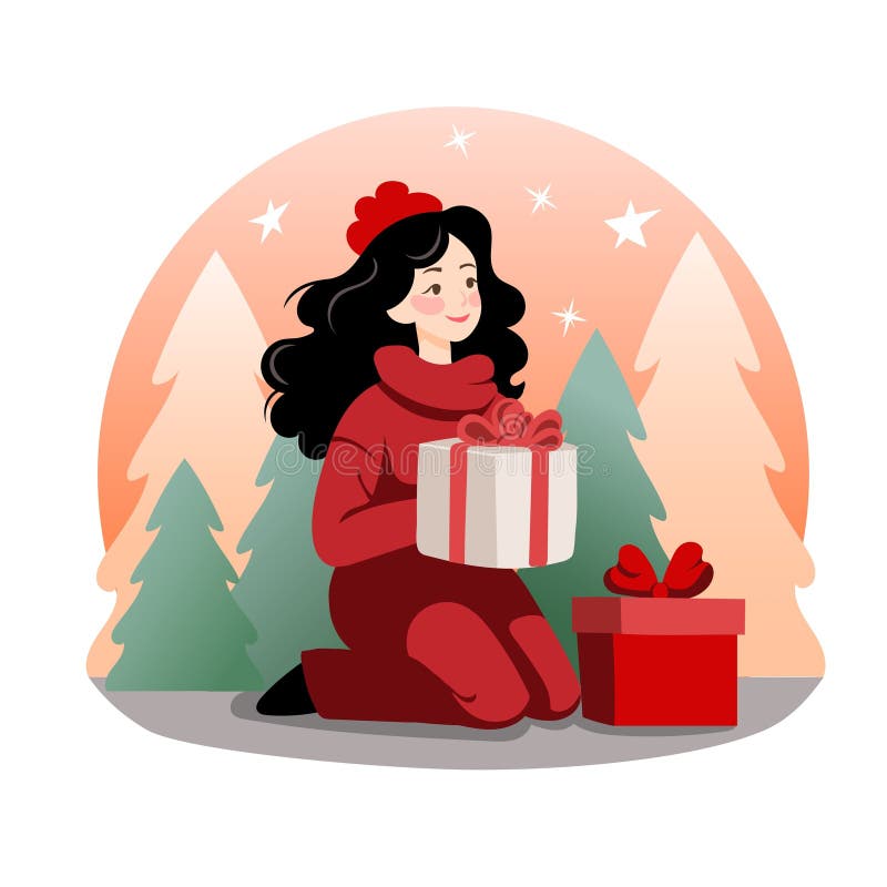La imagen representa a una mujer con un suéter rojo y un sombrero sentado en el suelo con dos regalos de navidad delante de ella. imagen de archivo libre de regalías