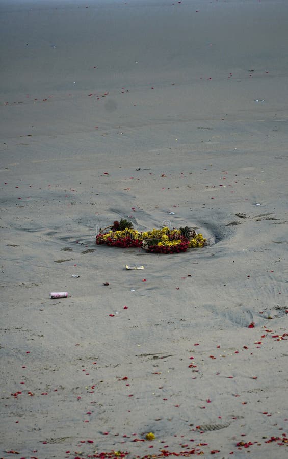 La imagen representa una pequeña distribución circular de flores y follaje sobre una playa de arena. foto de archivo libre de regalías