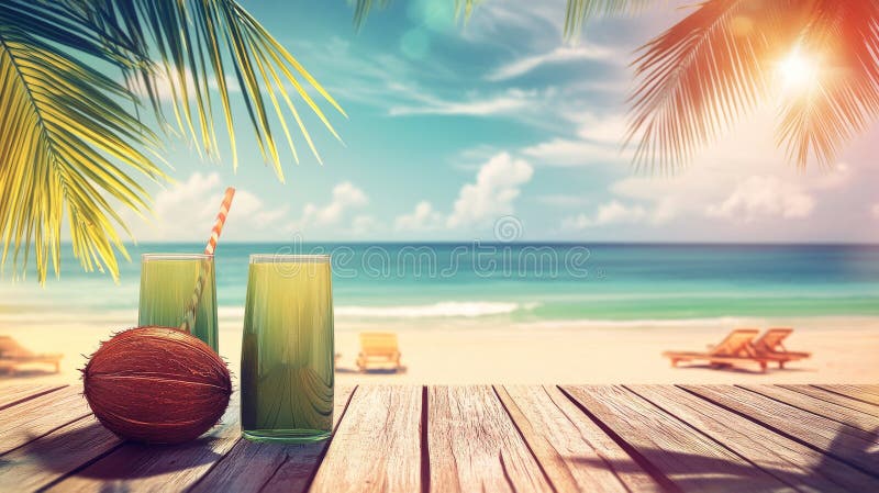 La imagen representa una playa tropical al amanecer con un coco colocado sobre un trozo de madera a la deriva foto de archivo
