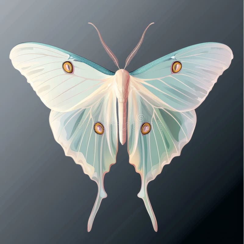 La imagen representa una polilla con patrones distintivos de los ojos y alas azul pálido contra un fondo blanco imagenes de archivo