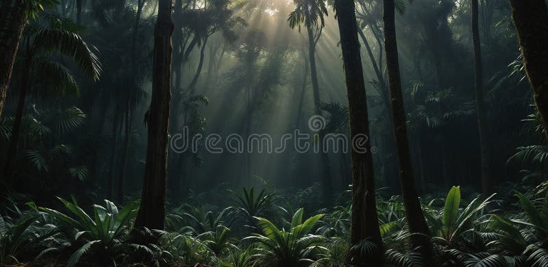 La imagen representa una selva densa con palmeras y helechos y los rayos del sol brillan a través de los árboles stock de ilustración