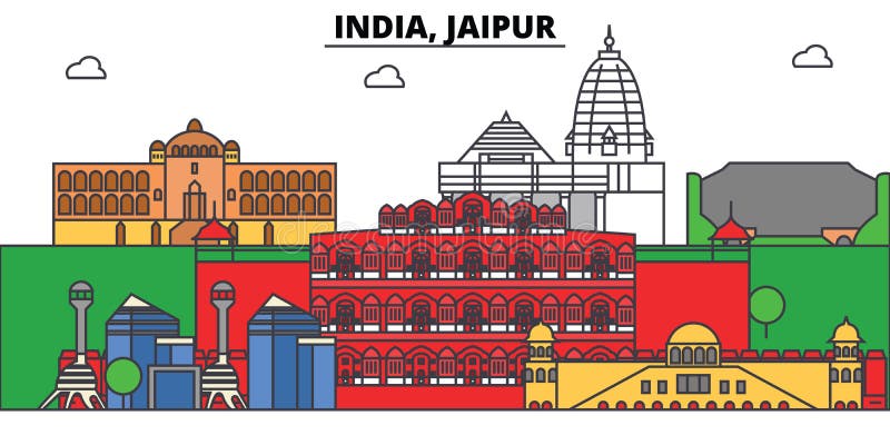 La India, Jaipur, Hinduismo Horizonte de la ciudad, arquitectura, edificios, calles, silueta, paisaje, panorama, señales ilustración del vector La India, Jaipur, Hinduismo Horizonte de la ciudad, arquitectura, edificios, calles, silueta, paisaje, panorama, señales ilustración del vector