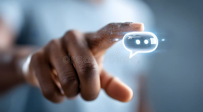 La interacción de la mano afroamericana con la burbuja de chatbot ai, la tecnología futurista y los conceptos de comunicación digi stock de ilustración
